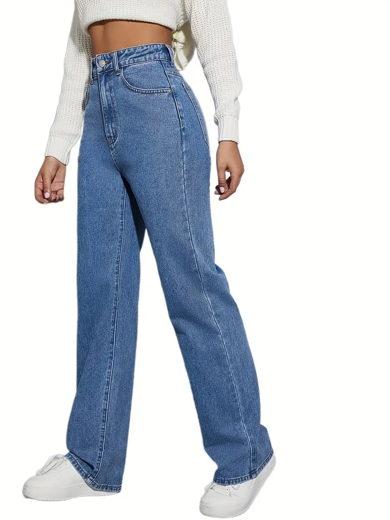 High Waist Loose Blue Denim Straight Leg Pants