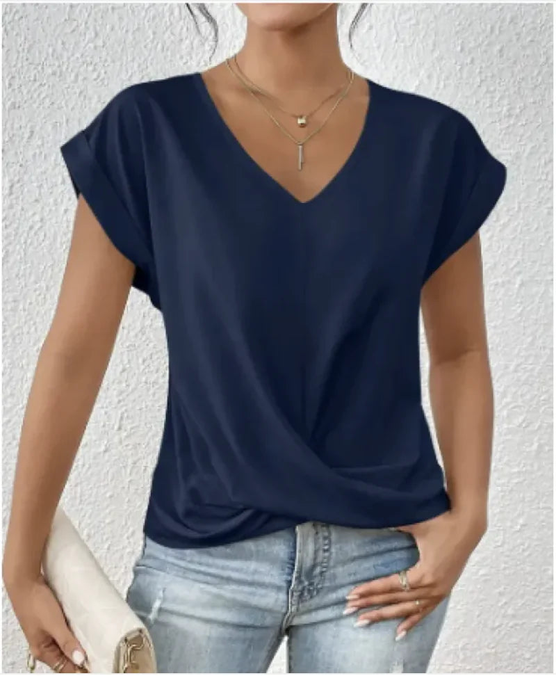 Damen V-Ausschnitt unregelmäßig geknotetes Kurzarm-T-Shirt