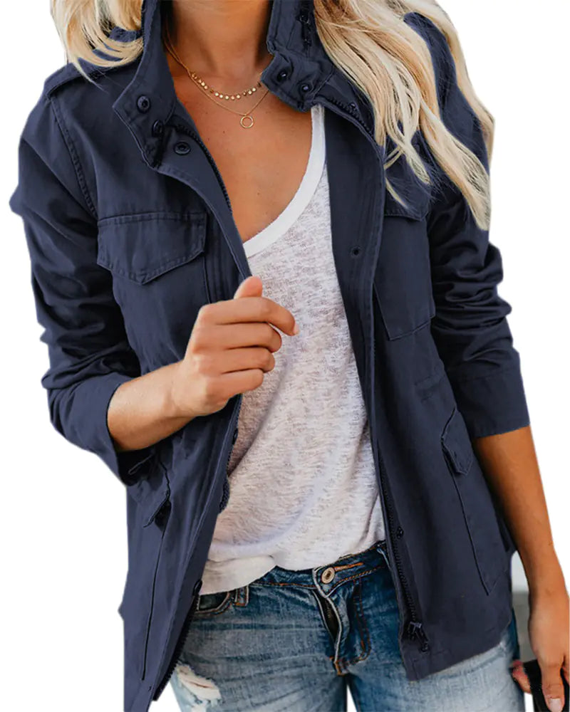 Solid Color Lapel Zipper Short Jacket for Women