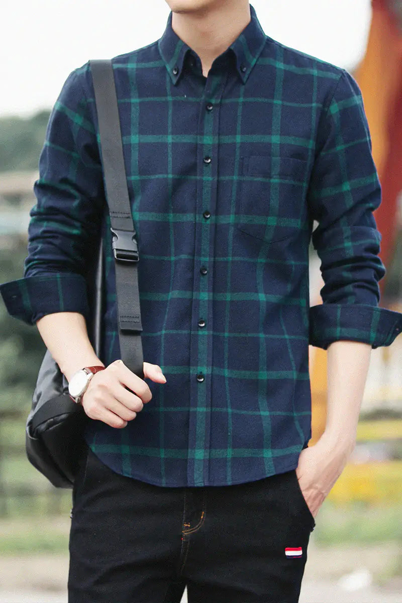 Men's Casual Slim Fit Cotton Plaid Long Sleeve Shirt