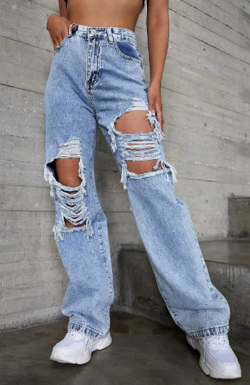 Women's Light Blue Distressed High Waist Denim Jeans
