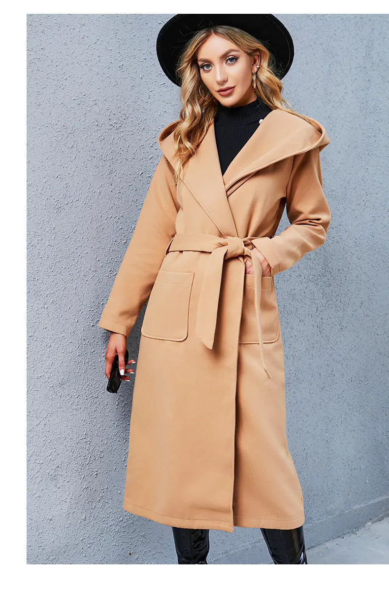 Hooded Mid-length Woolen Coat in Loose Fit