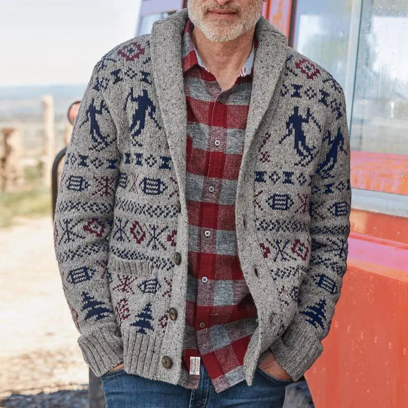 Men's Jacquard Long Sleeve Lapel Sweater Coat