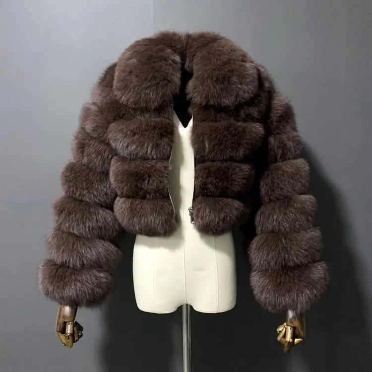 Faux Fur Women's Short Jacket with Lapel and Long Sleeves