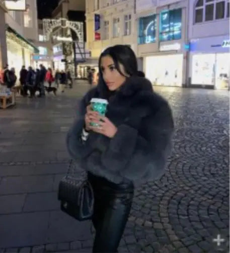 Faux Fur Women's Short Jacket with Lapel and Long Sleeves