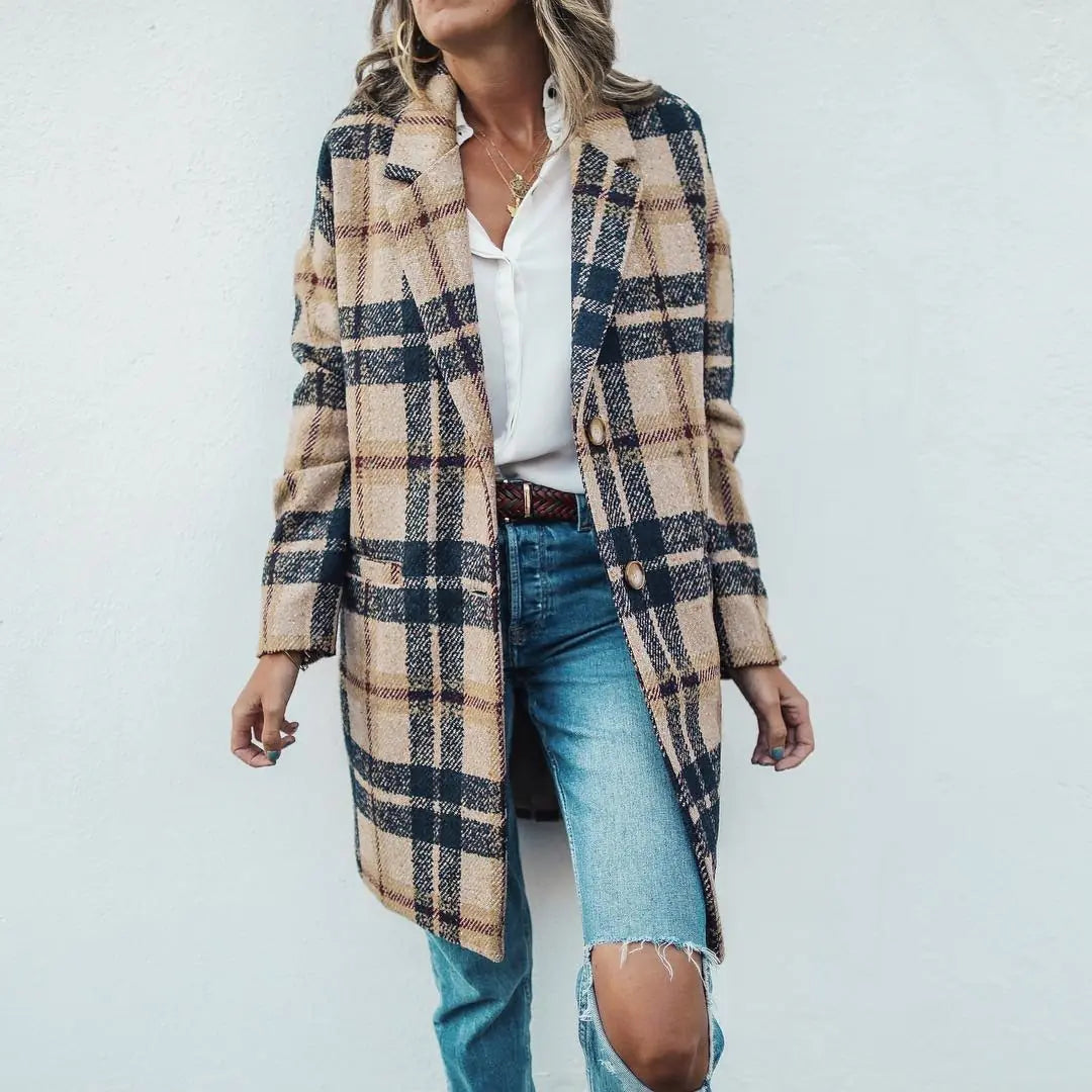 Lapel Check Woolen Loose Long Coat for Women