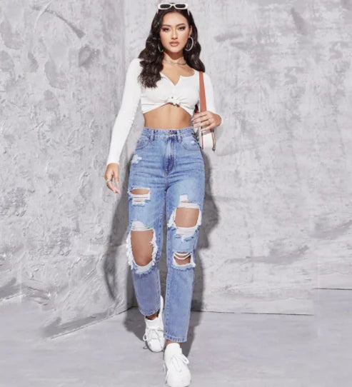 Wide Leg Distressed High Waist Women's Denim Jeans