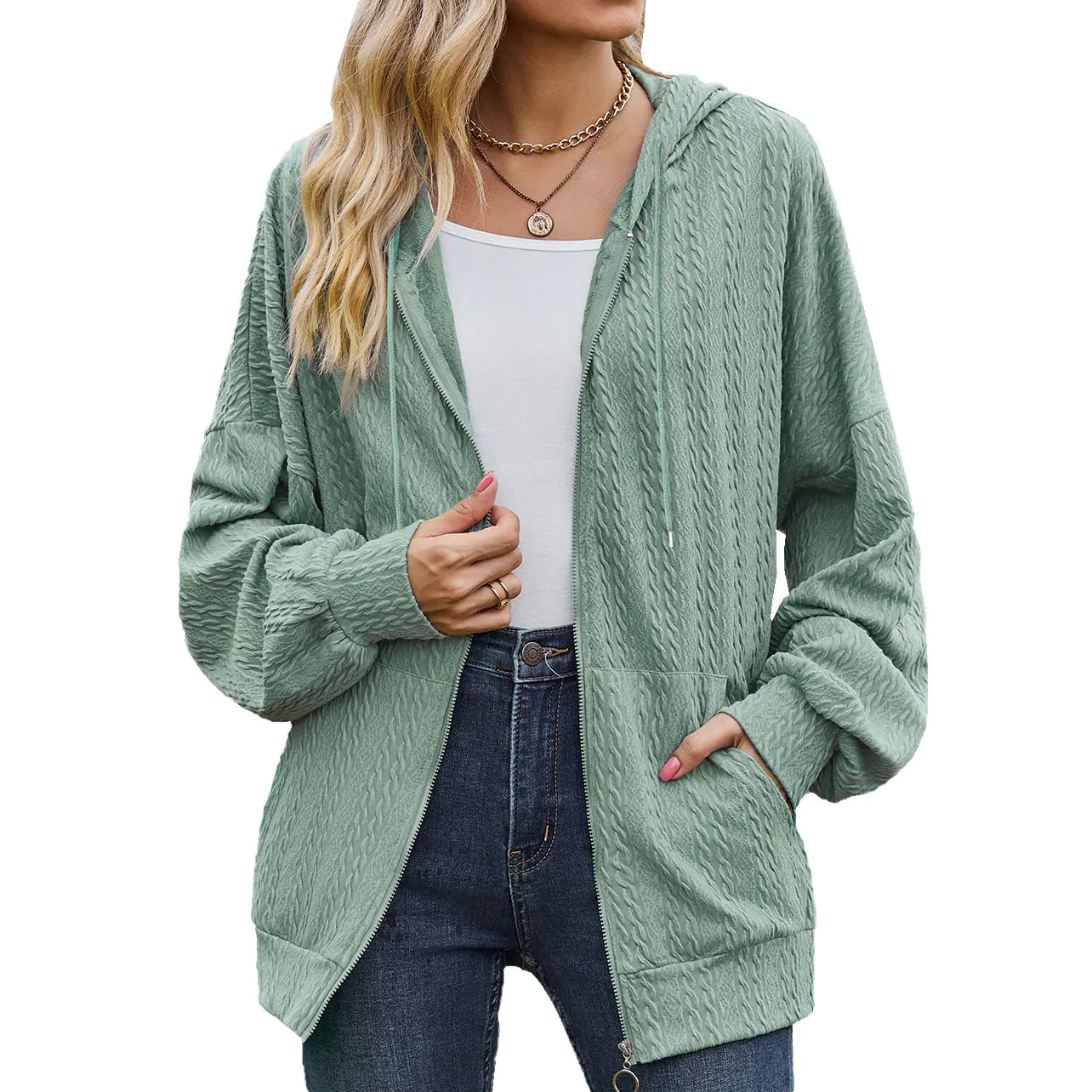 Women's Solid Color V-neck Zipper Sweater Coat