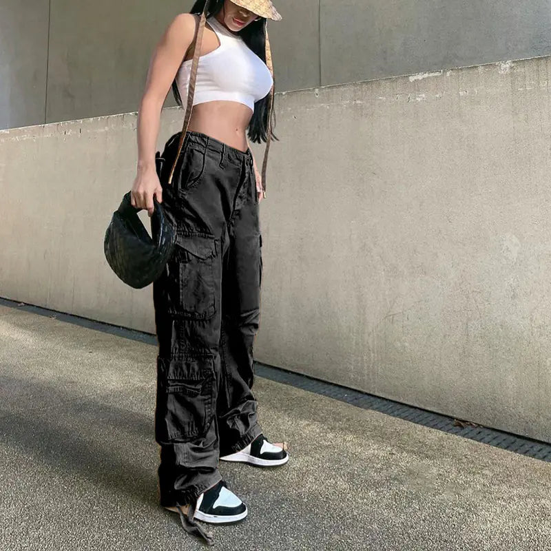 Black Wide Leg Cargo Pants for Women's Vintage Style