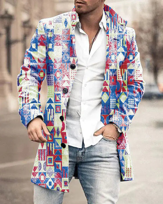 Men's Woolen Mid-length Trench Coat with Stand Collar