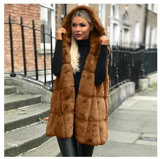 Hooded Faux Fur Vest Jacket