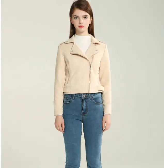 Short Women's Suede Jacket with Asymmetrical Zipper