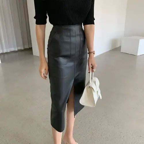 Mid-Length High Waist PU Leather Split Skirt