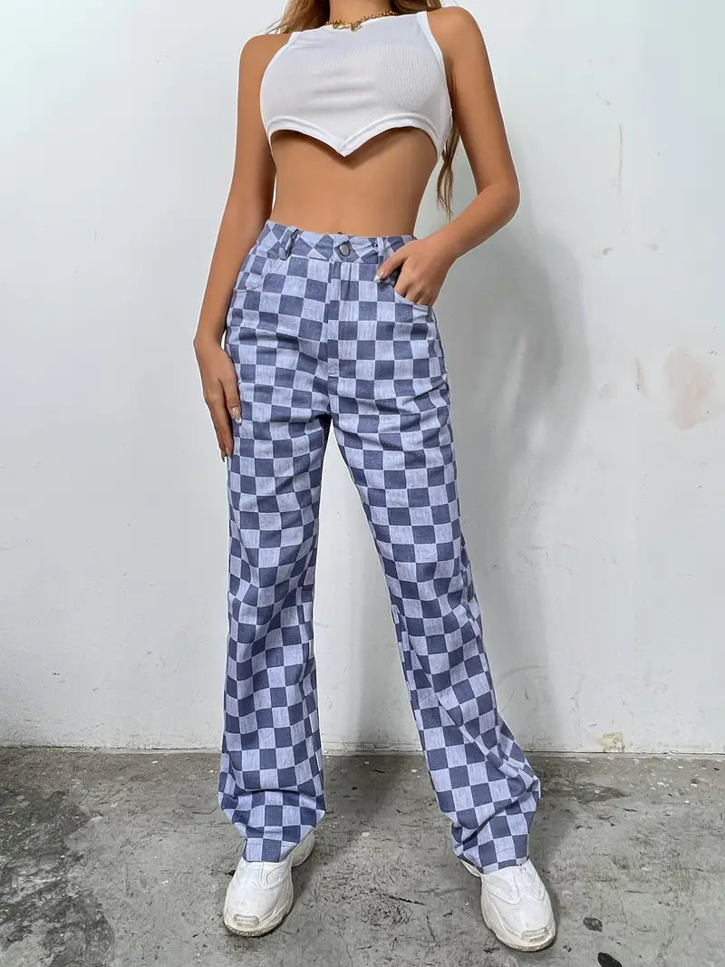 Colorblock Plaid High Waist Wide Leg Denim Jeans