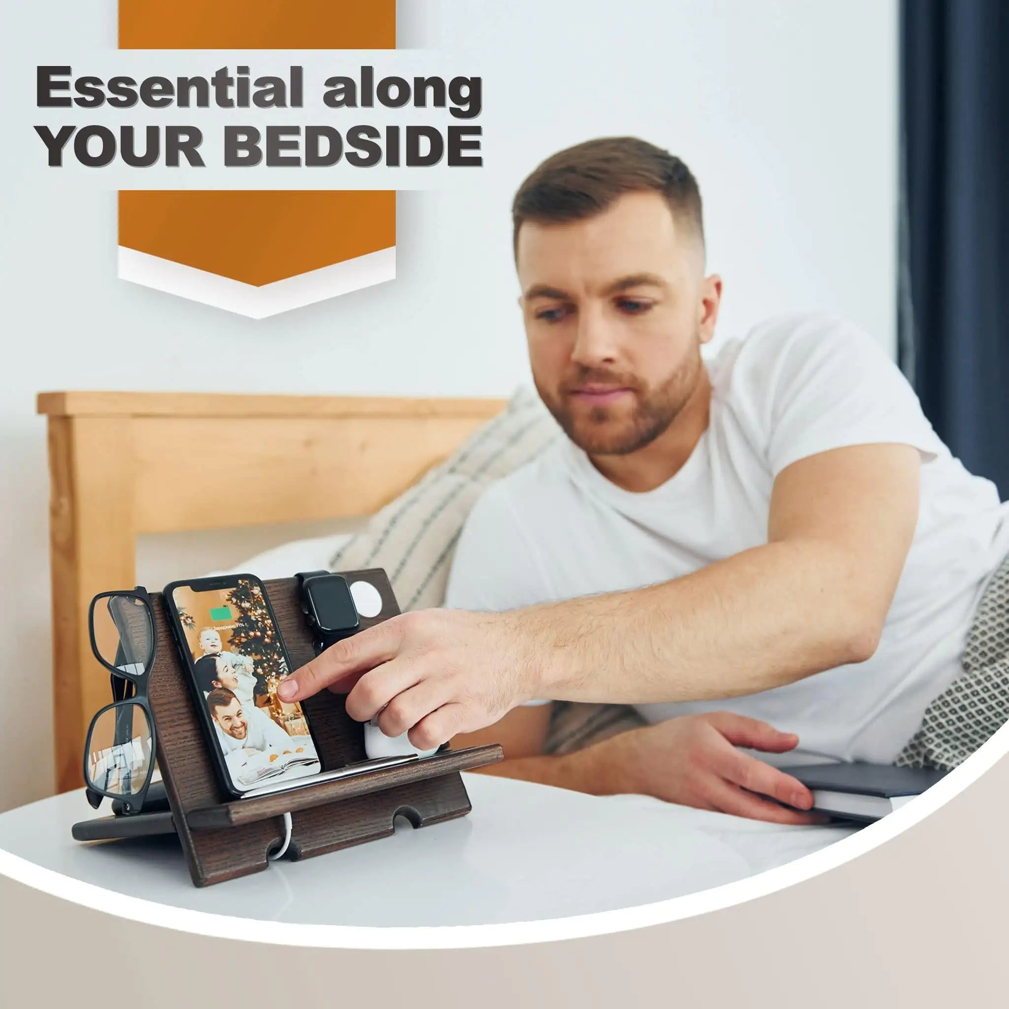 Wood Phone Docking Station Wallet Stand Watch Organizer Minimalist Style for Men