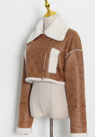Faux Fur Lined Short Leather Jacket for Women