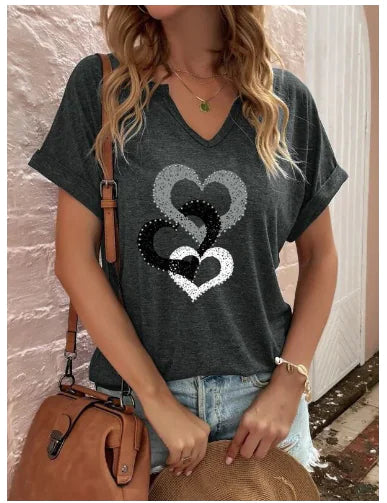 Women's Loose V-Neck Love Print Short Sleeve T-Shirt
