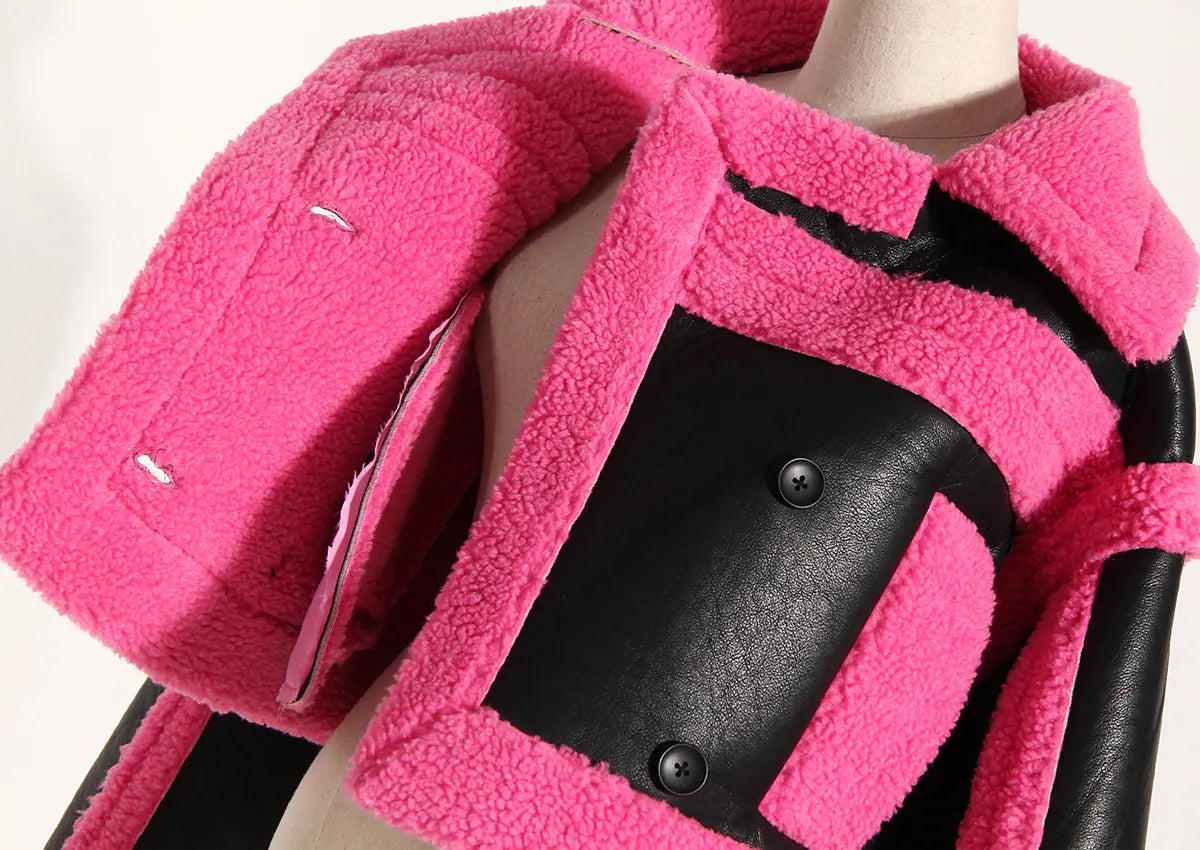 2023 New Pink Contrast Faux Fur Biker Jacket