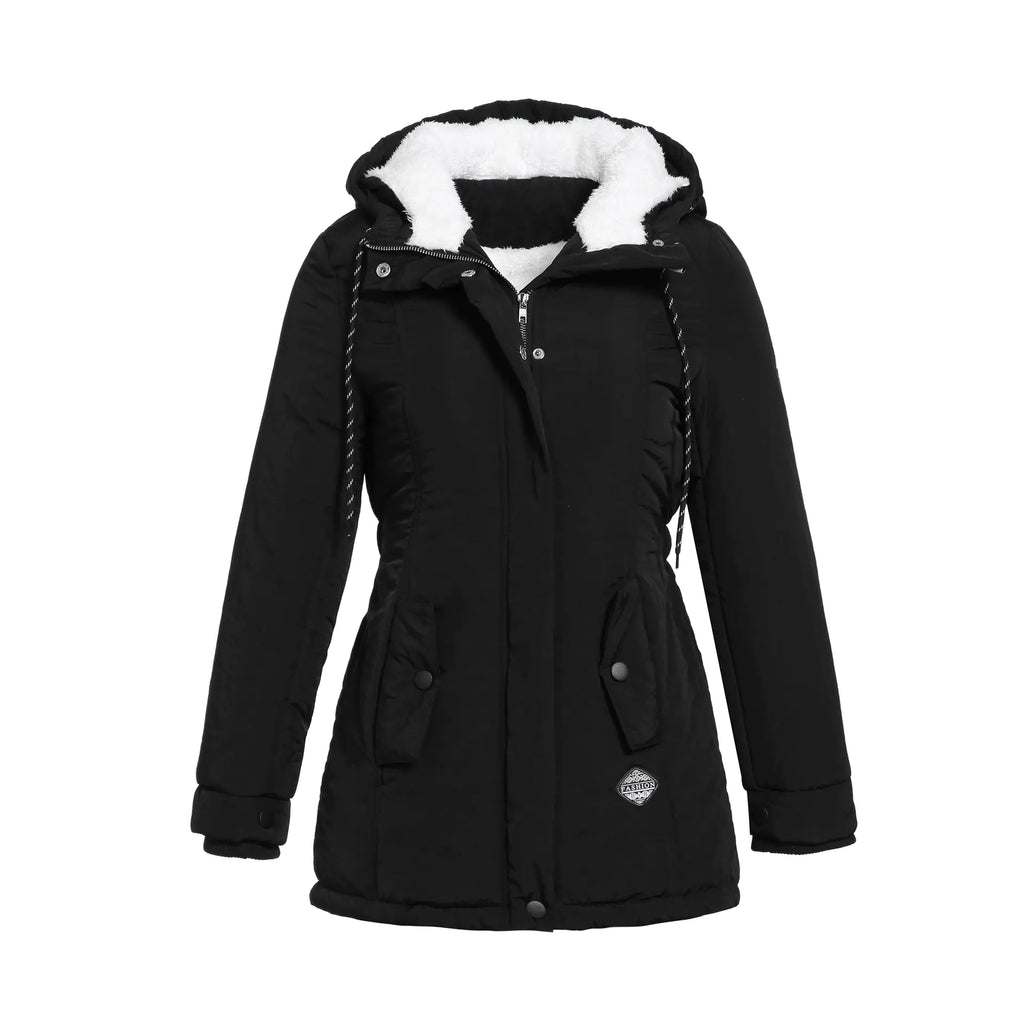Thickened Cotton Jacket for Women - Black Hooded Coat