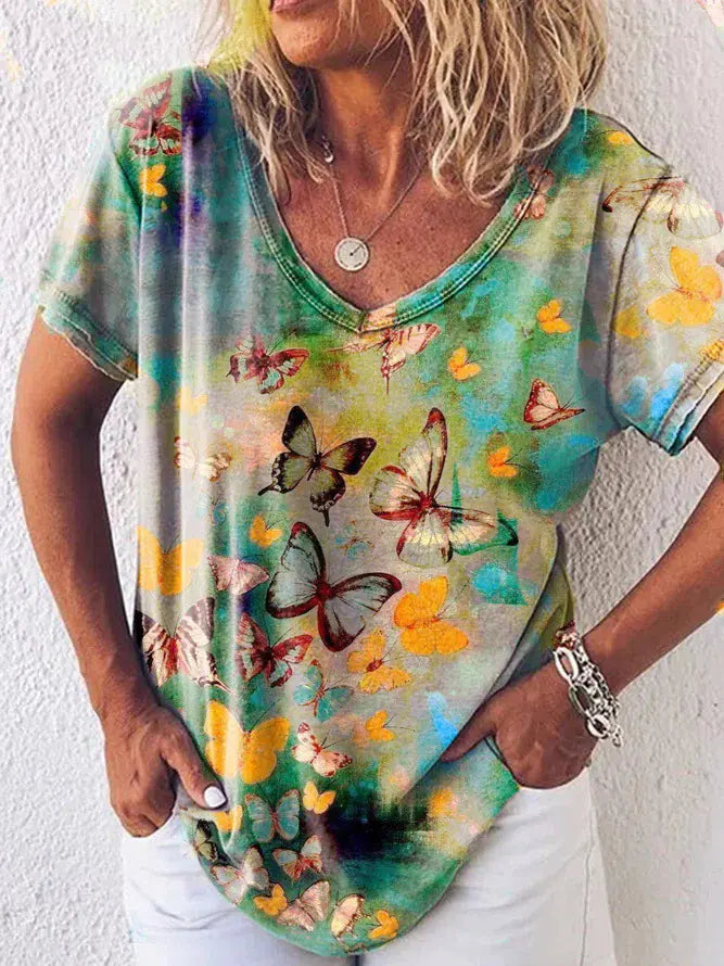 New Women's Printed V-neck Loose Short Sleeve T-shirt