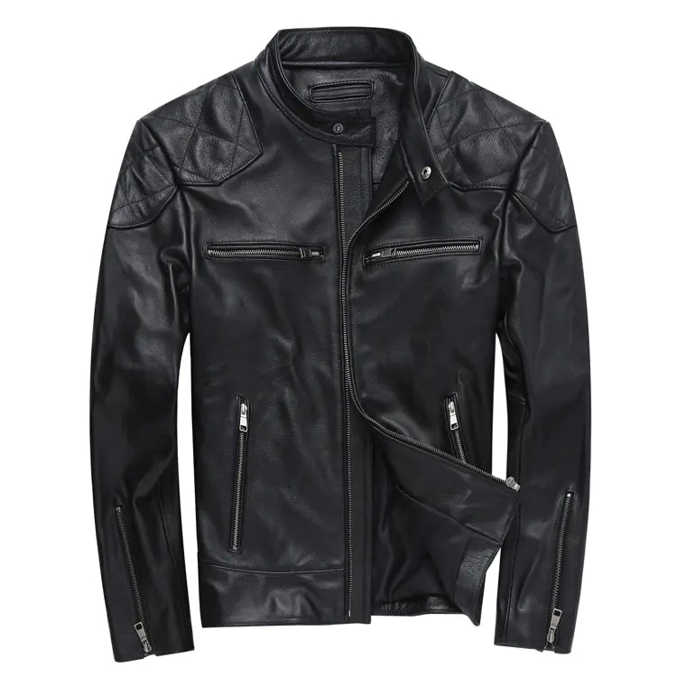 Men's Short Harley Leather Jacket, Stand Collar Casual Coat