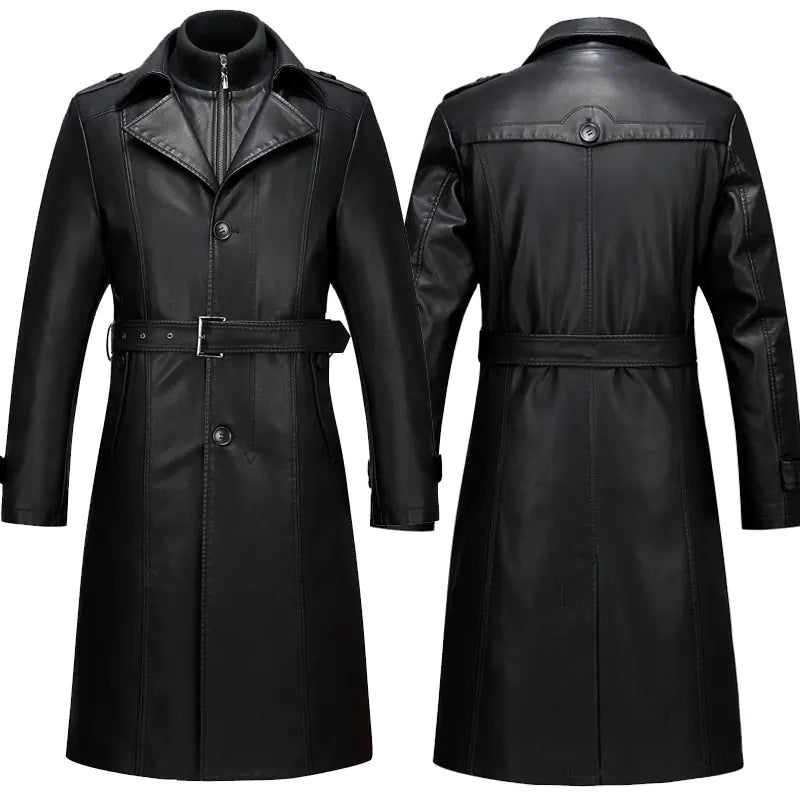 Men's Genuine Leather Long Coat with Stand Collar