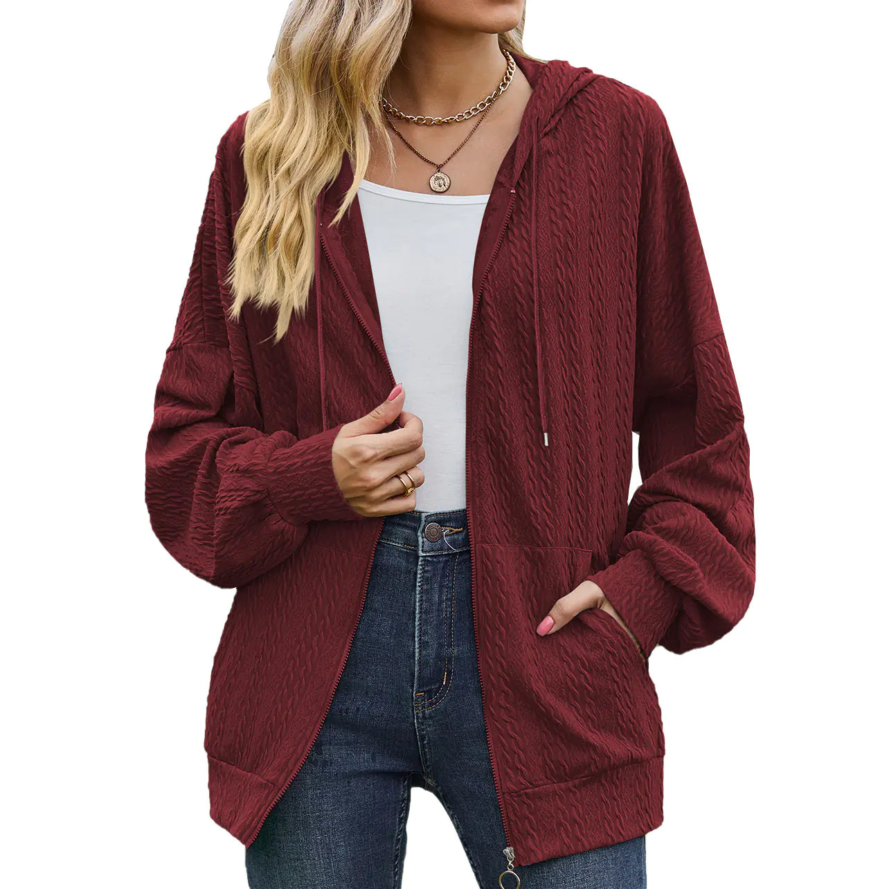 Women's Solid Color V-neck Zipper Sweater Coat
