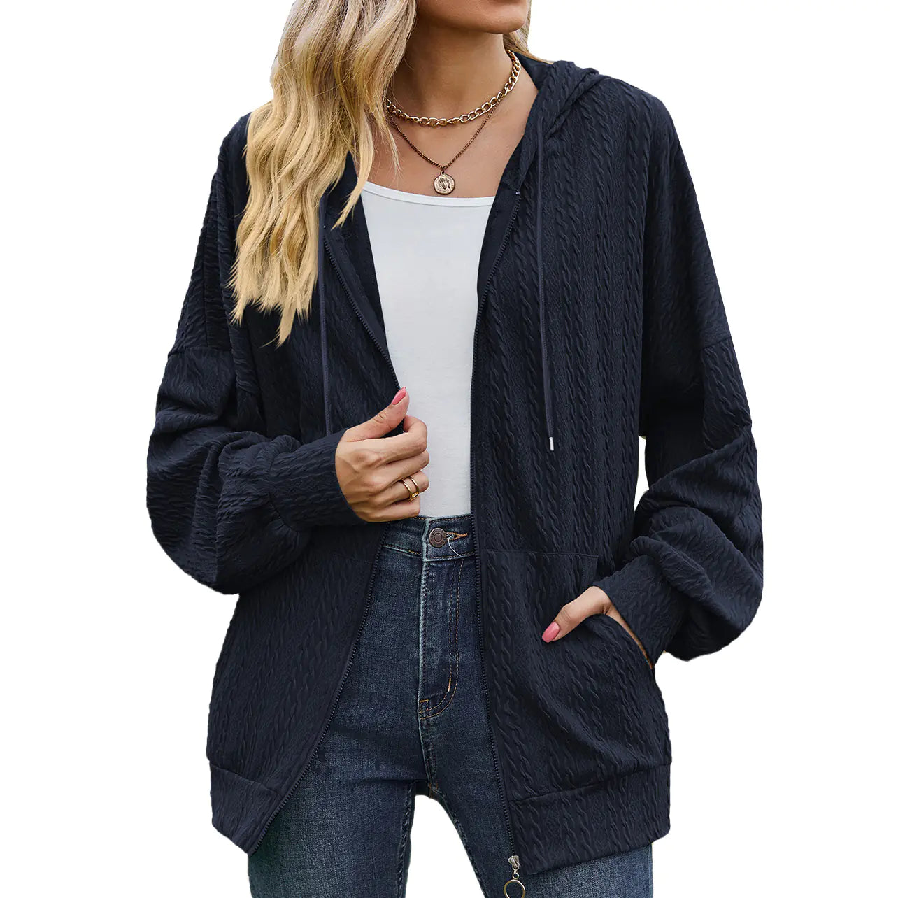 Women's Solid Color V-neck Zipper Sweater Coat