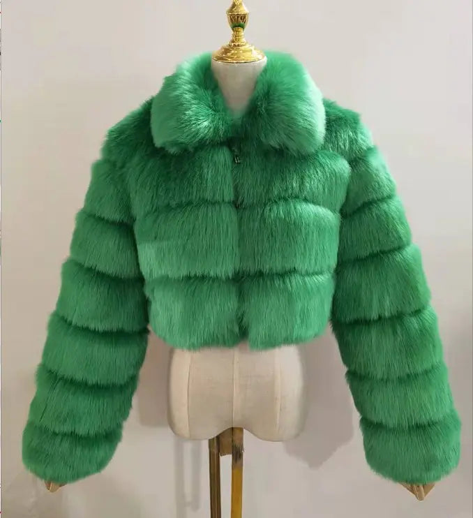 Faux Fur Women's Short Jacket with Lapel and Long Sleeves