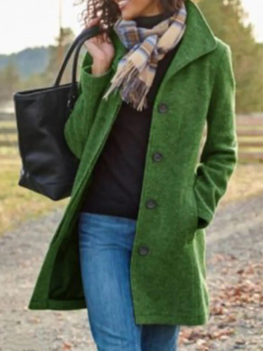 Medium Length Solid Color Woolen Coat for Women