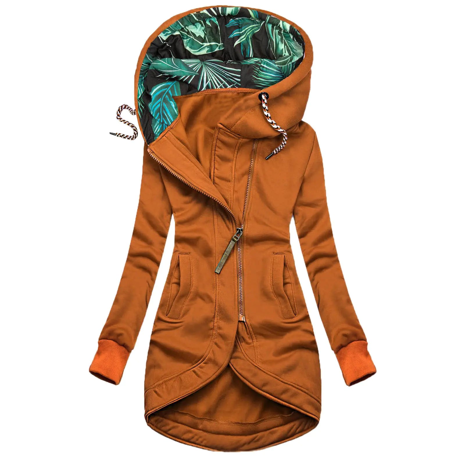 Solid Color Printed Hooded Long Sleeve Jacket