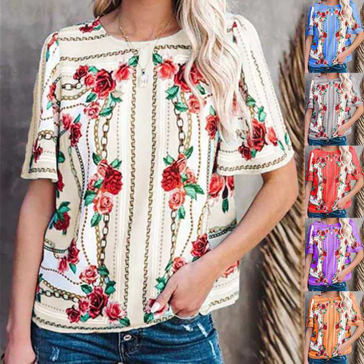 Women's Printed Round Neck Short Sleeve T-Shirt