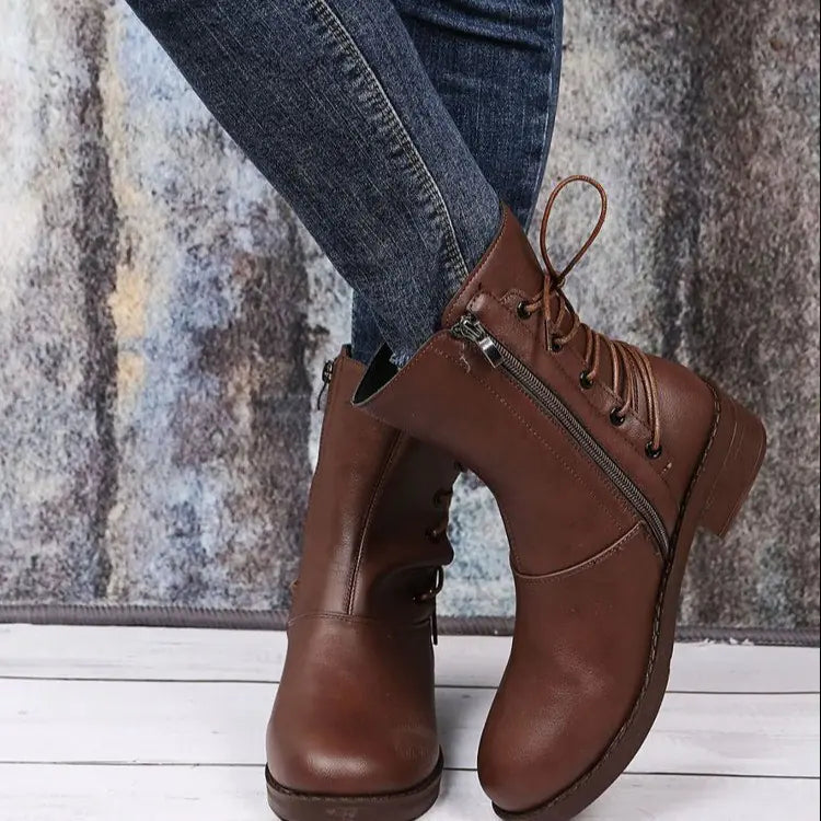 Botas de tacón grueso con remaches y cordones estilo retro para mujer