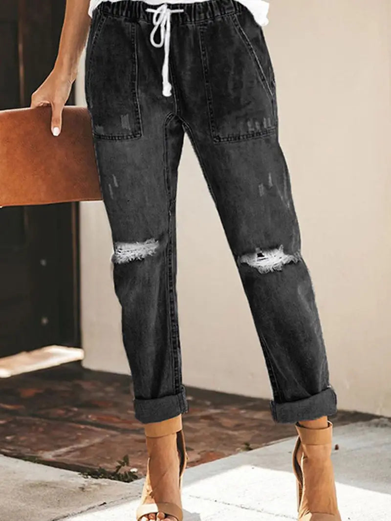 Women's Ripped Distressed Straight Leg Denim Pants