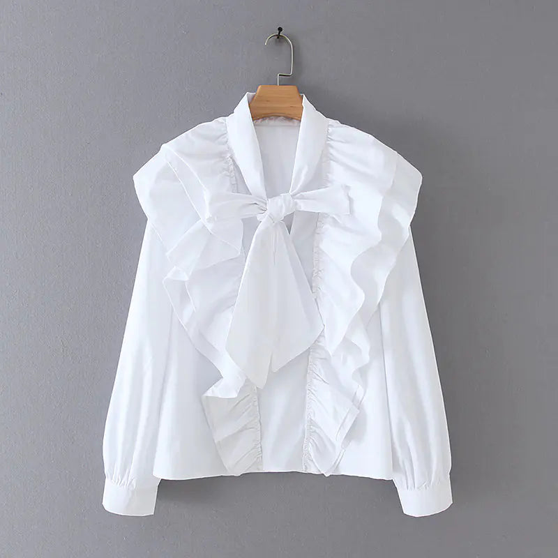 Vintage Ruffled Blouse with Bow Tie Collar for Women