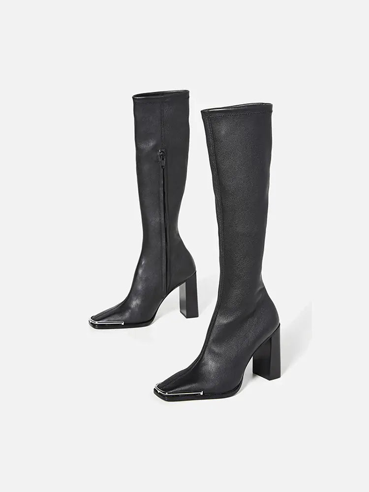 Botas altas de cuero de tacón grueso