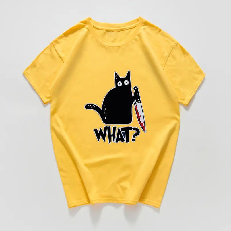 Funny Cat Knife Graphic T-Shirt for Students (Cotton)