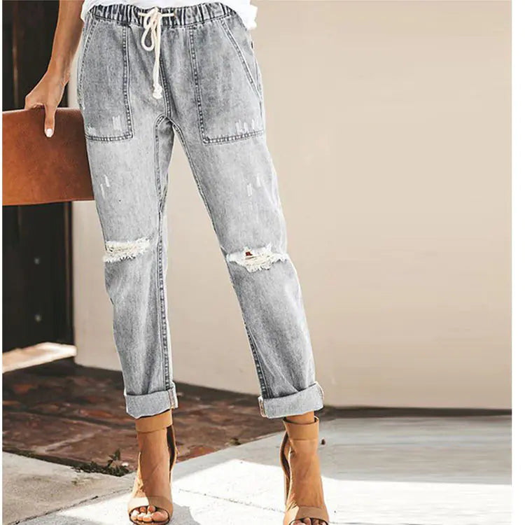 Women's Ripped Distressed Straight Leg Denim Pants