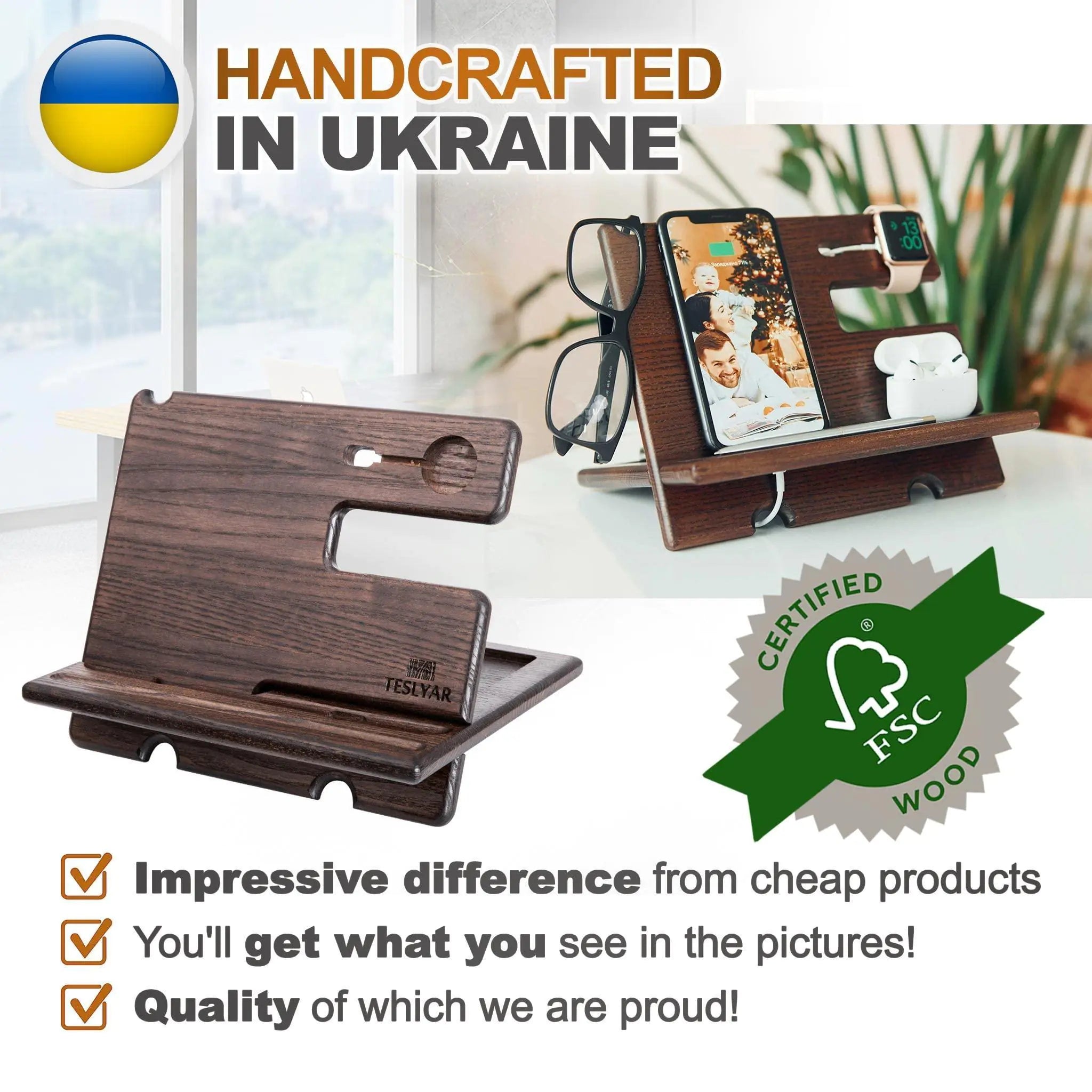 Wood Phone Docking Station Wallet Stand Watch Organizer Minimalist Style for Men