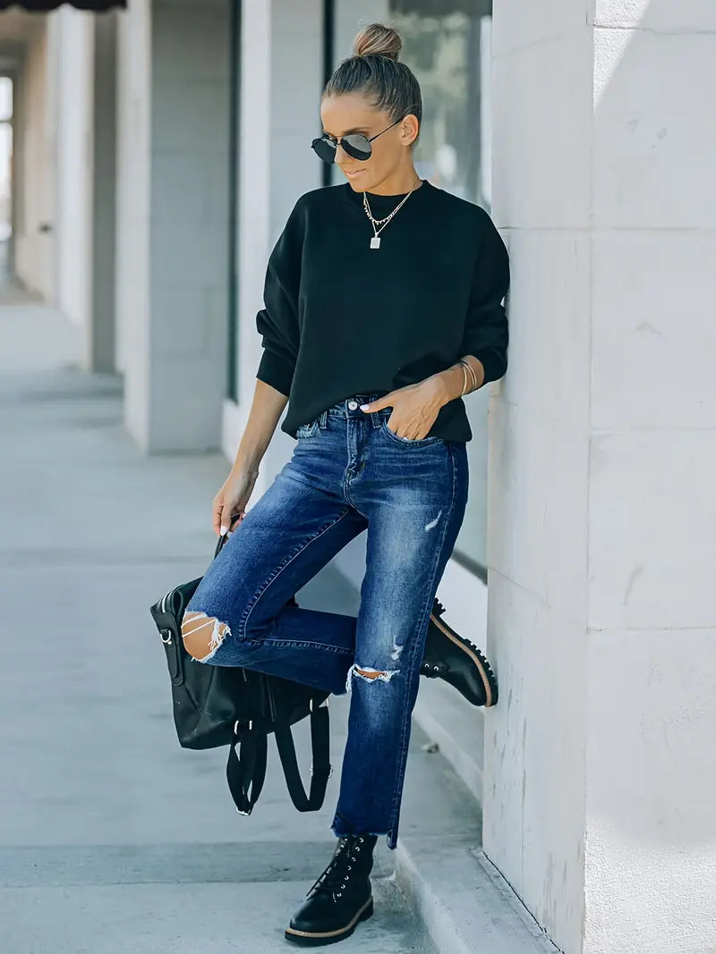 Dark Blue Ripped Straight Leg Cropped Denim Jeans