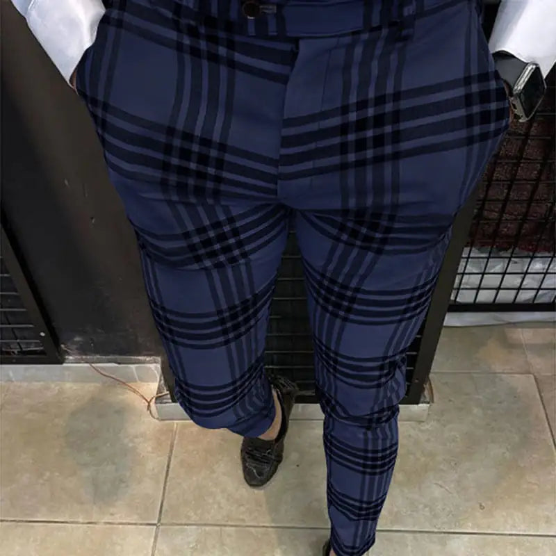 Men's Casual Pencil Pants with Large Plaid Stripes