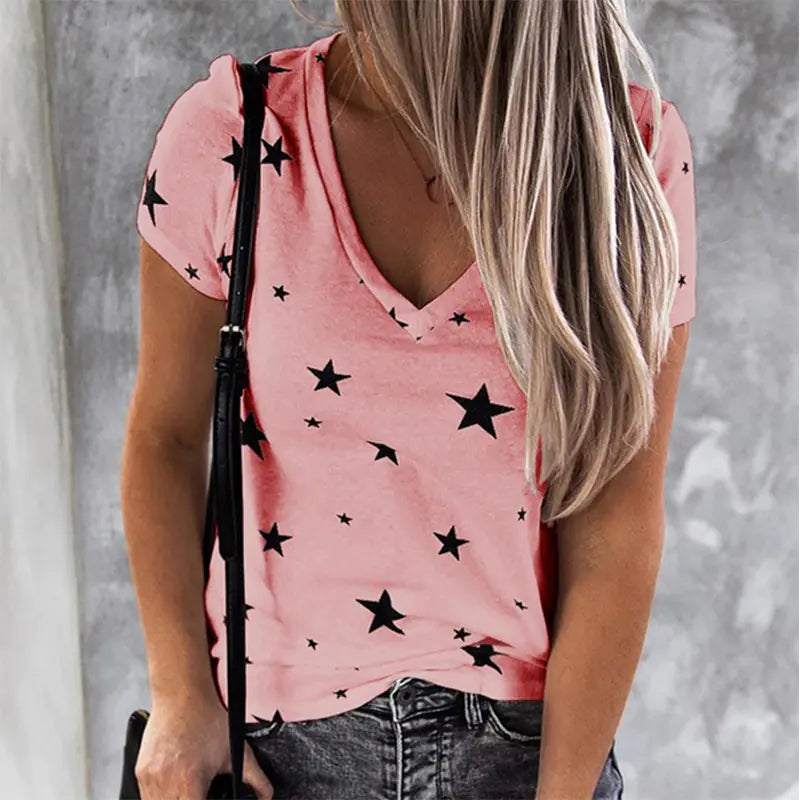 V-neck Digital Printed Star Women's Short Sleeve T-shirt