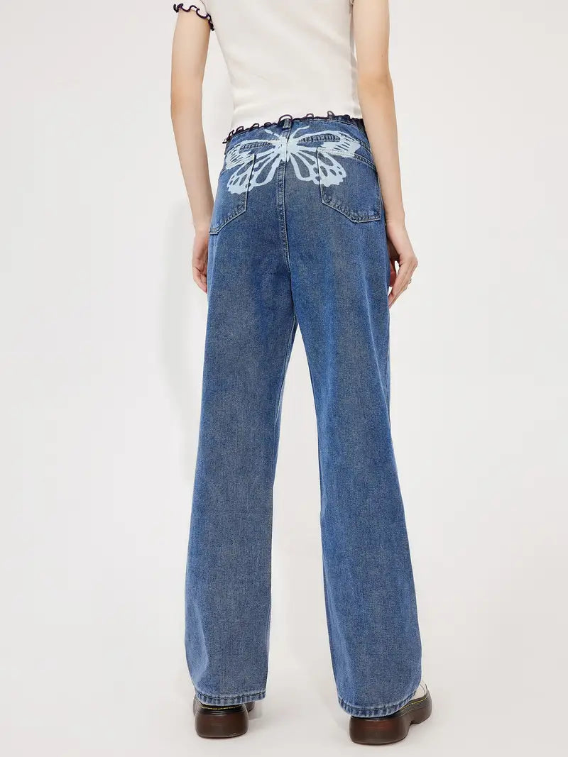 Butterfly Print High Waist Wide Leg Denim Jeans