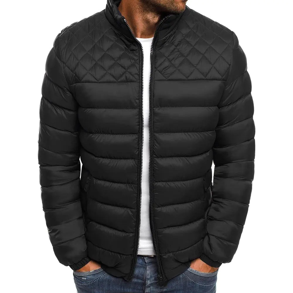 Men's Stand Collar Solid Color Quilted Cotton Jacket
