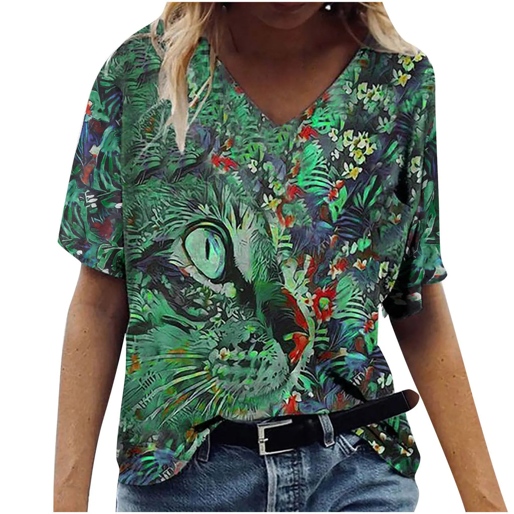 New Women's Printed V-neck Loose Short Sleeve T-shirt