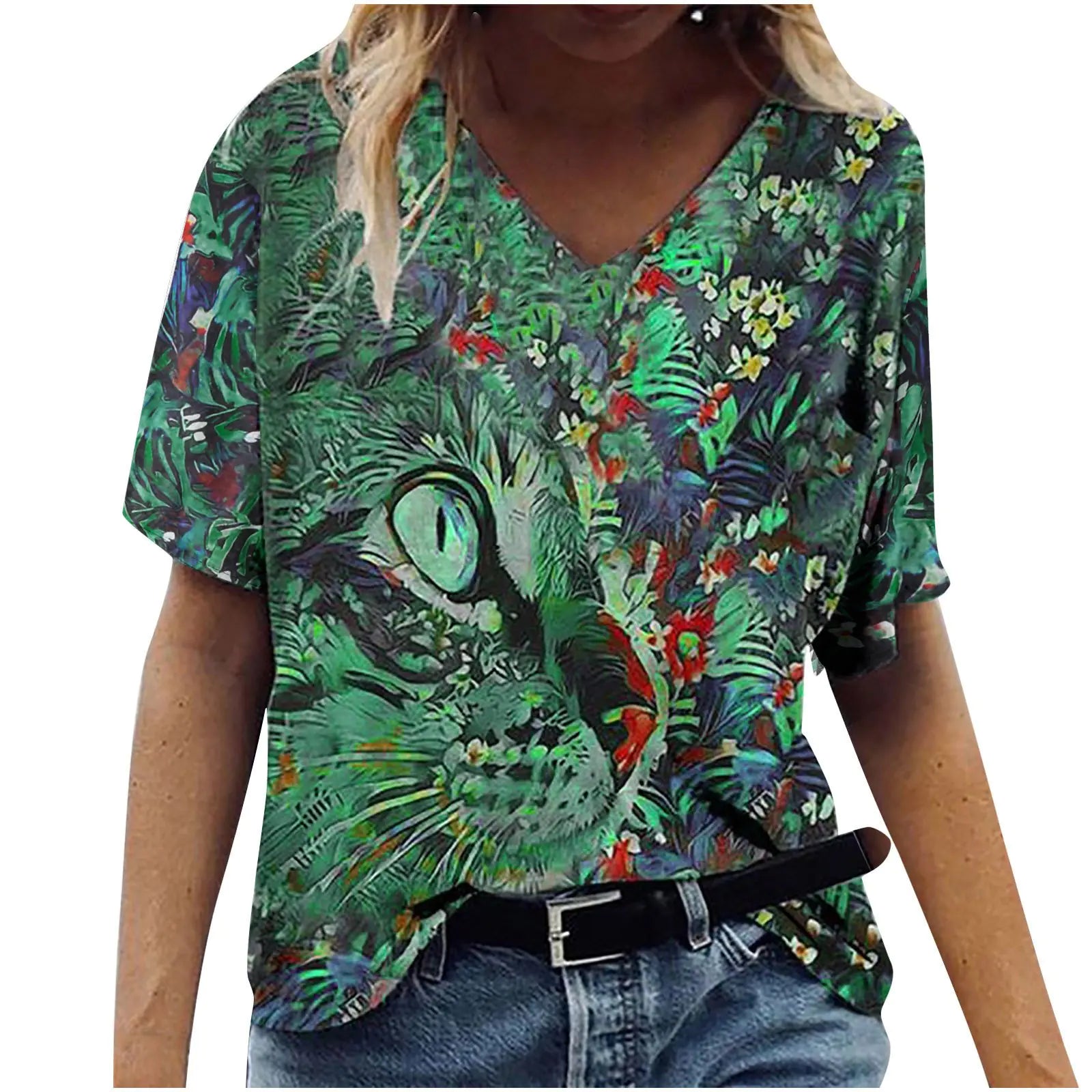 New Women's Printed V-neck Loose Short Sleeve T-shirt