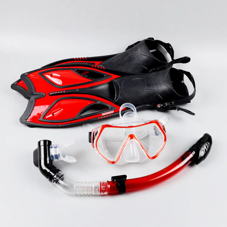Snorkeling Gear Set: Dry Snorkel, Silicone Mask, Fins
