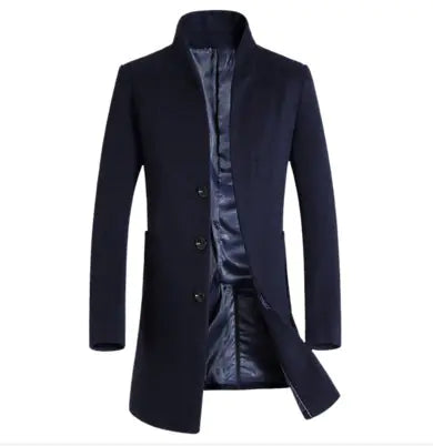 Men's Mid-Length Casual Woolen Stand-Collar Coat