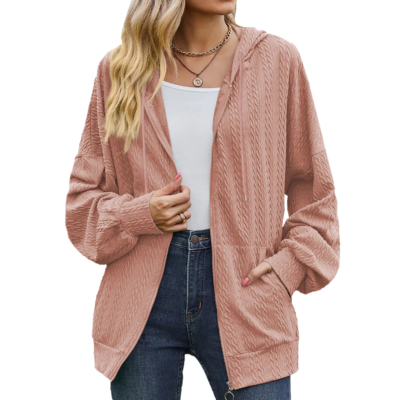 Women's Solid Color V-neck Zipper Sweater Coat