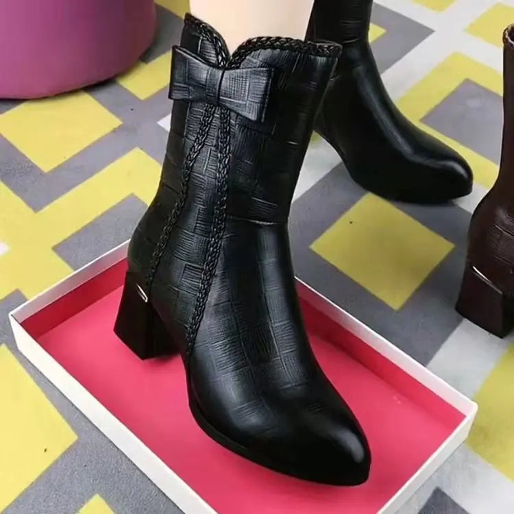 British Style Women's Pointed Toe Mid-Tube Boots